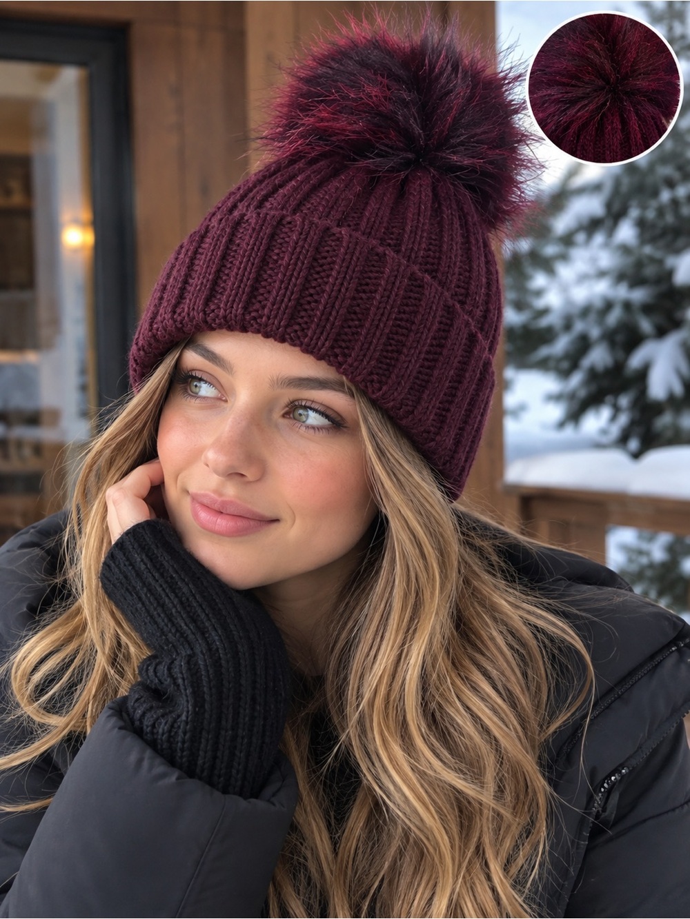 Burgundy Ribbed Knit Beanie with Oversized Faux Fur Pom Pom